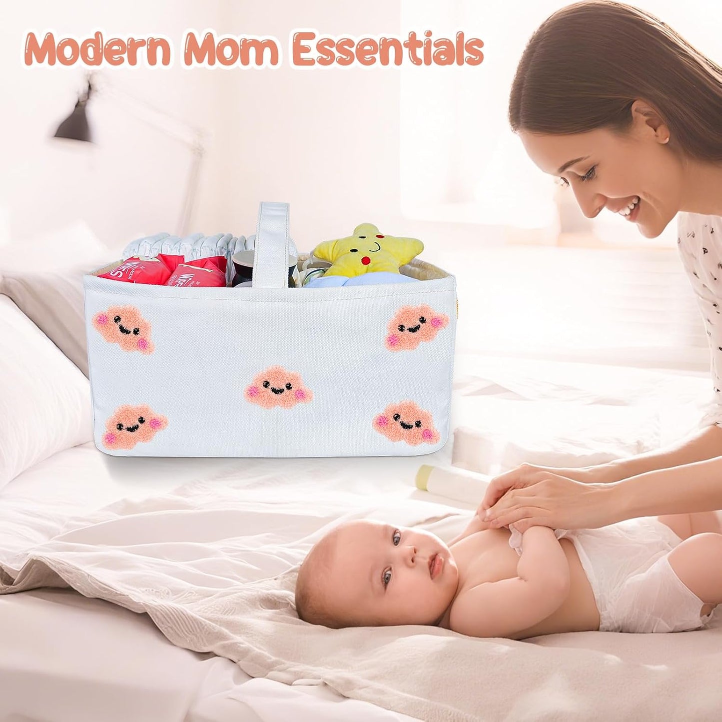 Baby Diaper Caddy Organizer with Handle - Durable Canvas Storage Basket with Cloud Embroidery, Portable Nursery Organizer for Newborn Essentials, Diaper Travel Bag, Baby Shower Basket-Pink