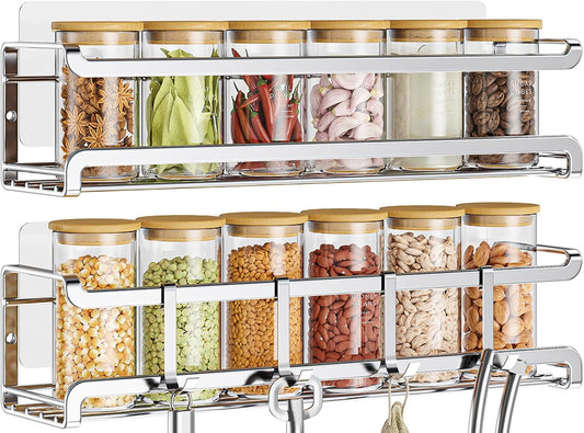 Spice Rack wall mounted 2 Pack, Space-Saving Spice Organizer for Spice Jars and Seasonings,Screw or Adhesive Hanging Spice Rack Organizer for Your Kitchen Cabinet,or Pantry Door,Silver