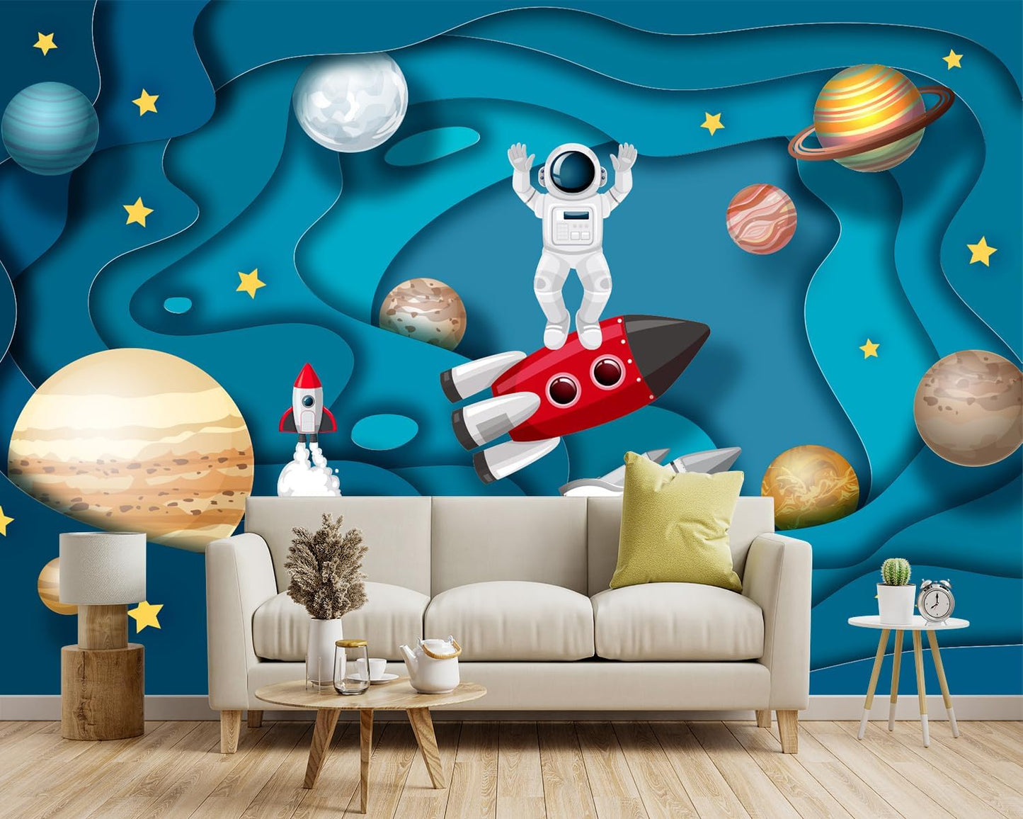 -Kindergarten Children Galactic Planet Fabric Wallpaper Living Room Bedroom Boys Girls Children Cartoon Astronauts Large Mural- 183"x120"（ not Peel and Stick）