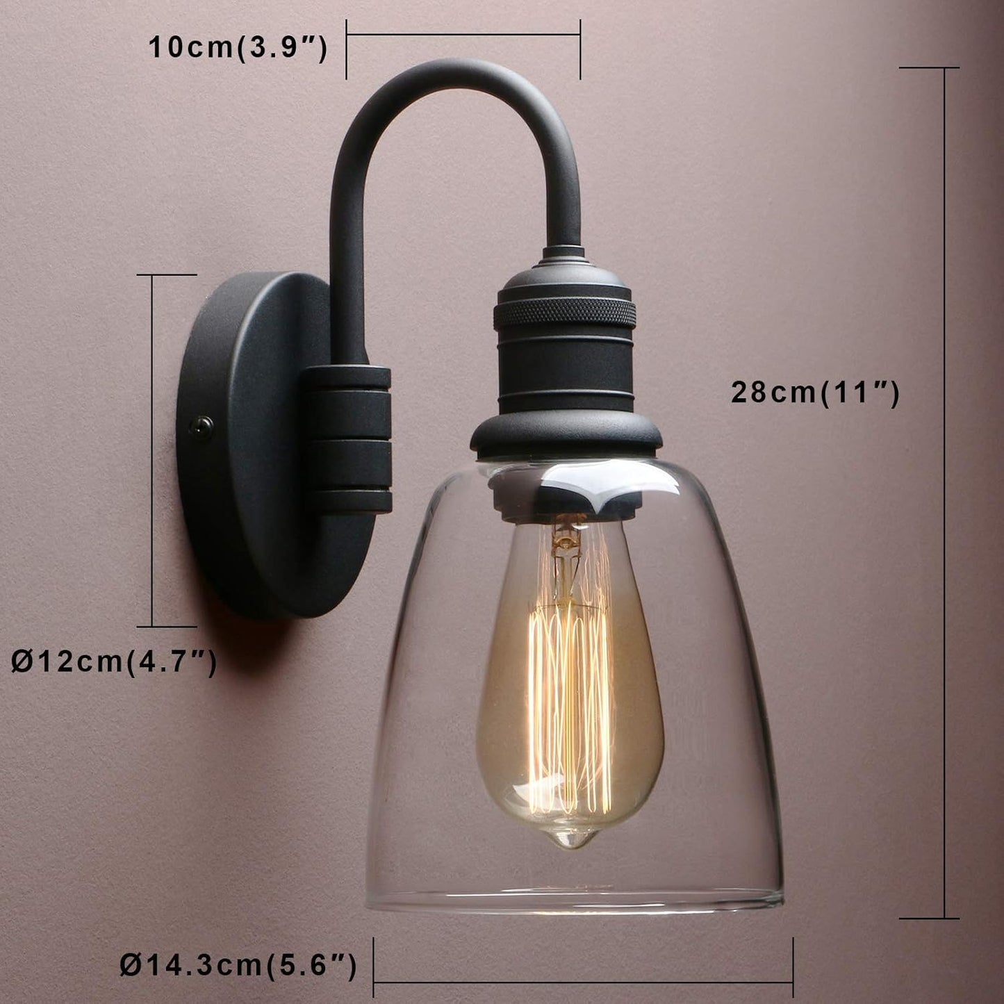 1-Light Vintage Wall Sconce, Yosoan Black Industrial Fixture Light with Elegant Gooseneck Curved Rod, Indoor Clear Glass Shade Wall Lamp Lighting for Bathroom Porch Kitchen Living Room Restaurant