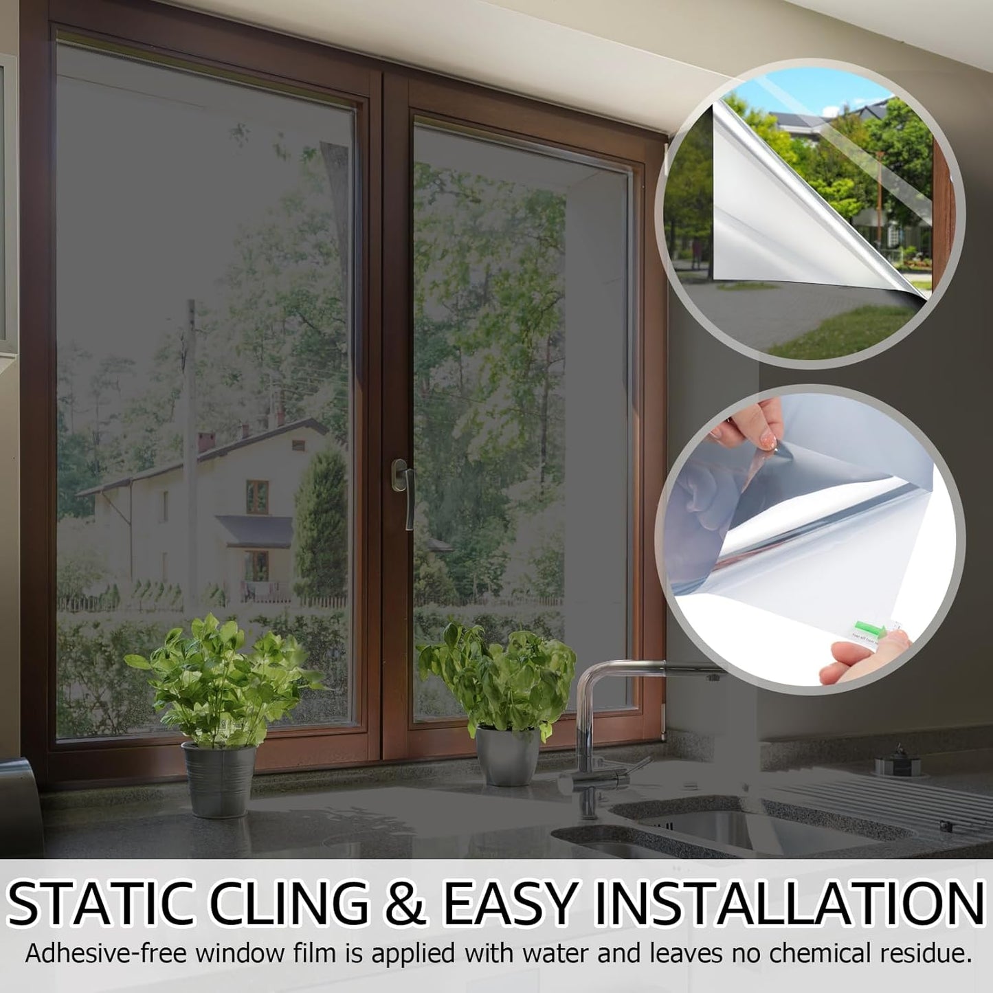 HIDBEA One Way Window Film, Daytime Privacy Sun Blocking Reflective Window Film No Glue Static Cling Heat Control Window Tinting Film for Home and Office, Black Silver, 41.3 x 157.5 Inch