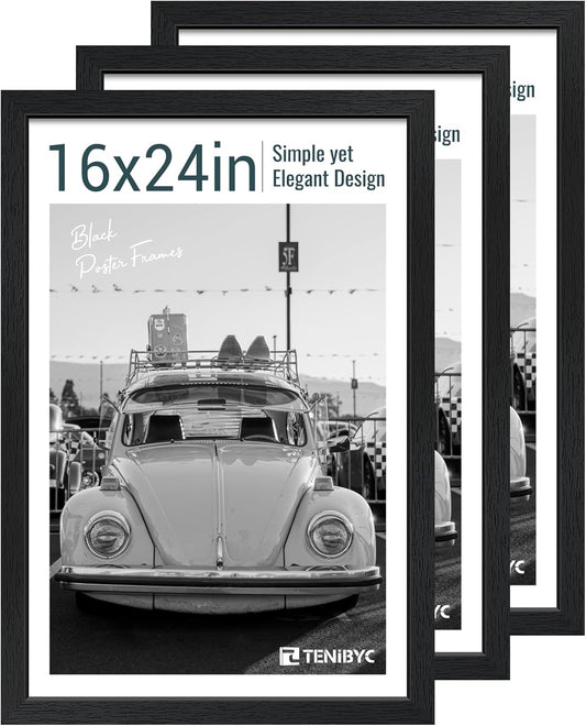16x24 Poster Frame 3 Pack - Black, Textured Solid Wood Picture Frame, Wall Gallery Photo Frame