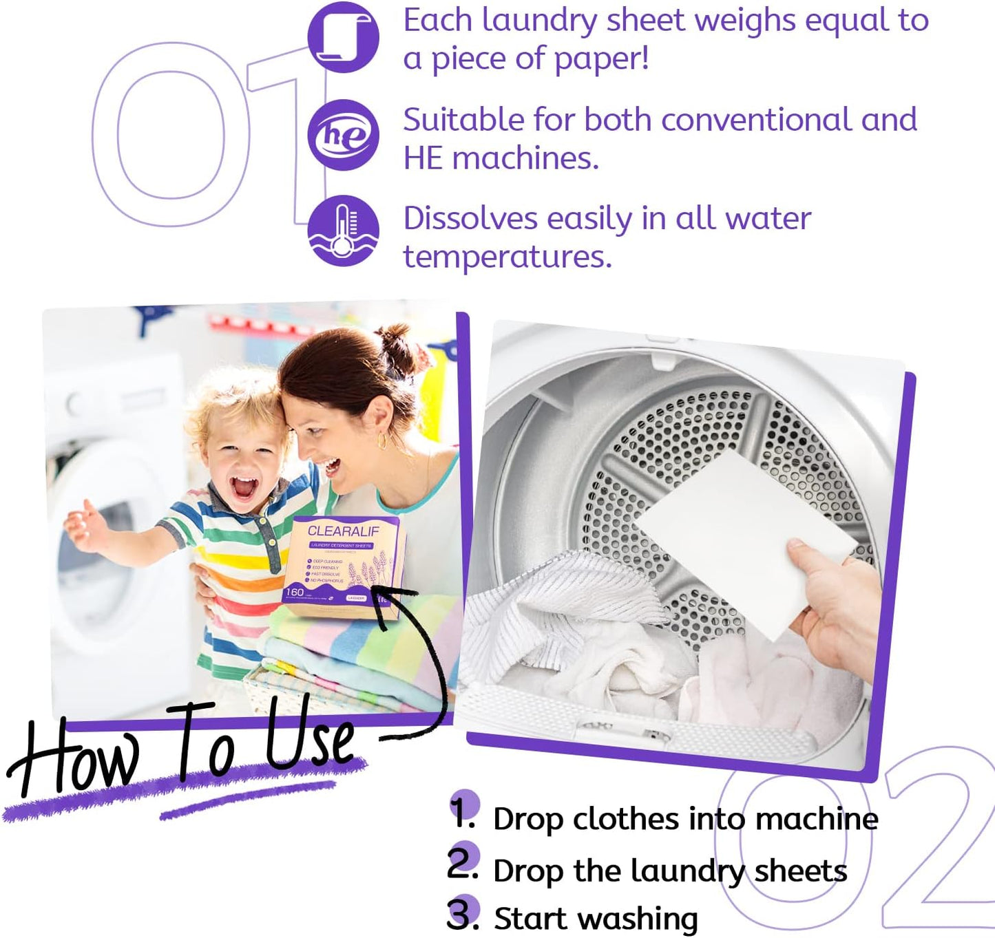 Laundry Detergent Sheets (160 Sheets), Lavender,Up to 320 Loads - Great For Travel,Apartments, Dorms,CLEARALIF Laundry Detergent Strips Eco Friendly & Hypoallergenic (80 Count, Pack of 2)