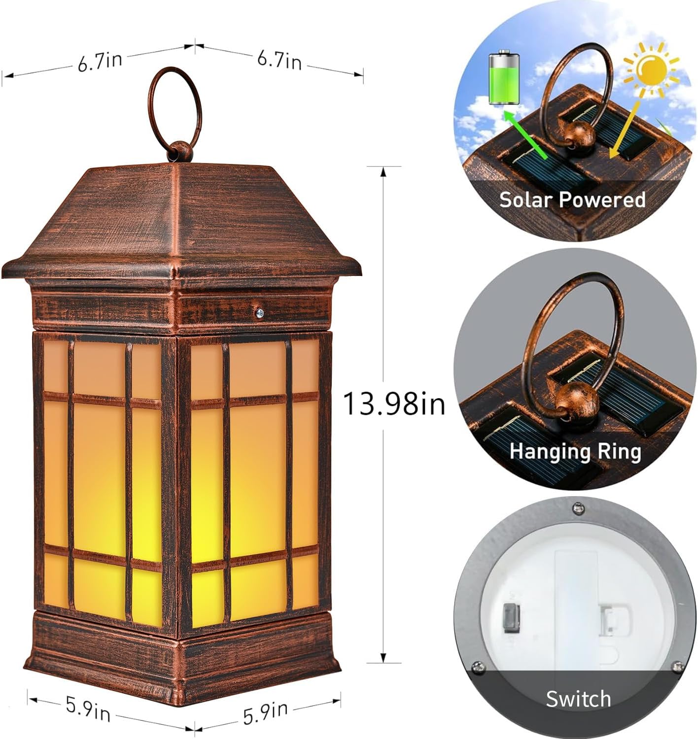 14" Solar Lantern Outdoor Waterproof, Glass Flickering Flame Solar Lanterns, Hanging Metal Lantern Decorative for Patio Front Porch Garden Backyard Tabletop Party Decoration