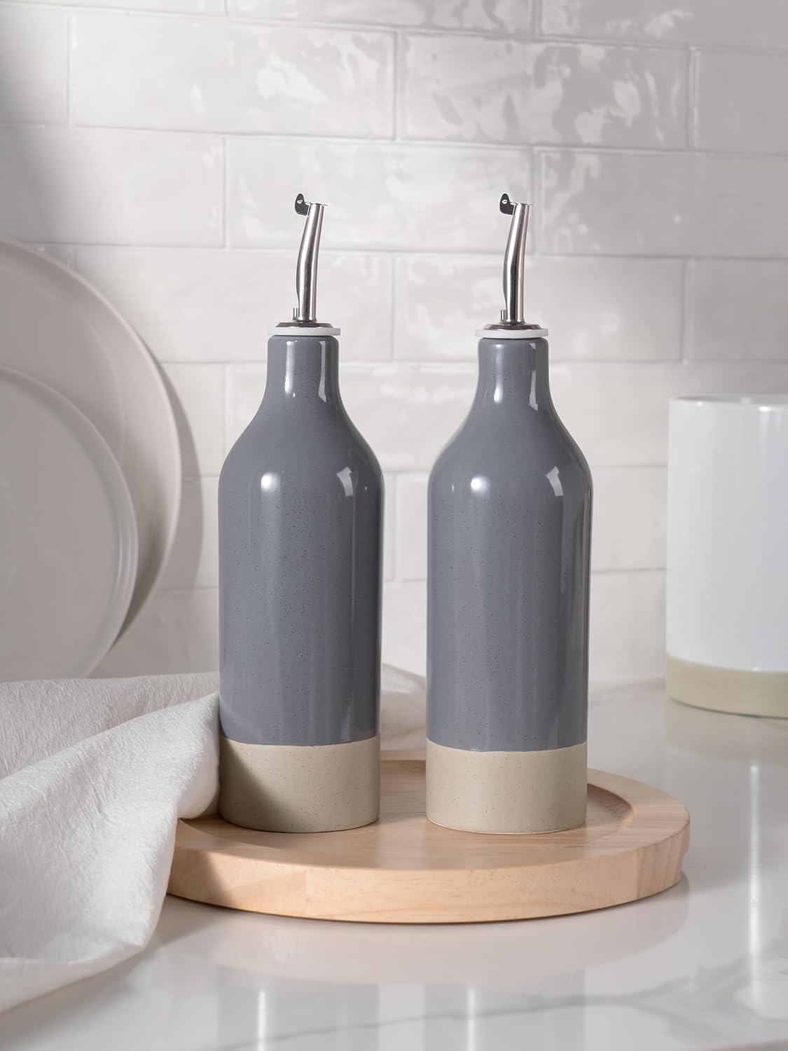 famiware Milkyway 16oz Ceramic Olive Oil Dispenser Bottle, Olive Oil and Vinegar Dispenser Bottle Set of 2 with Stainless Steel Pourers, Suitable for Storage Vinegar, Liquids, Dark Gray