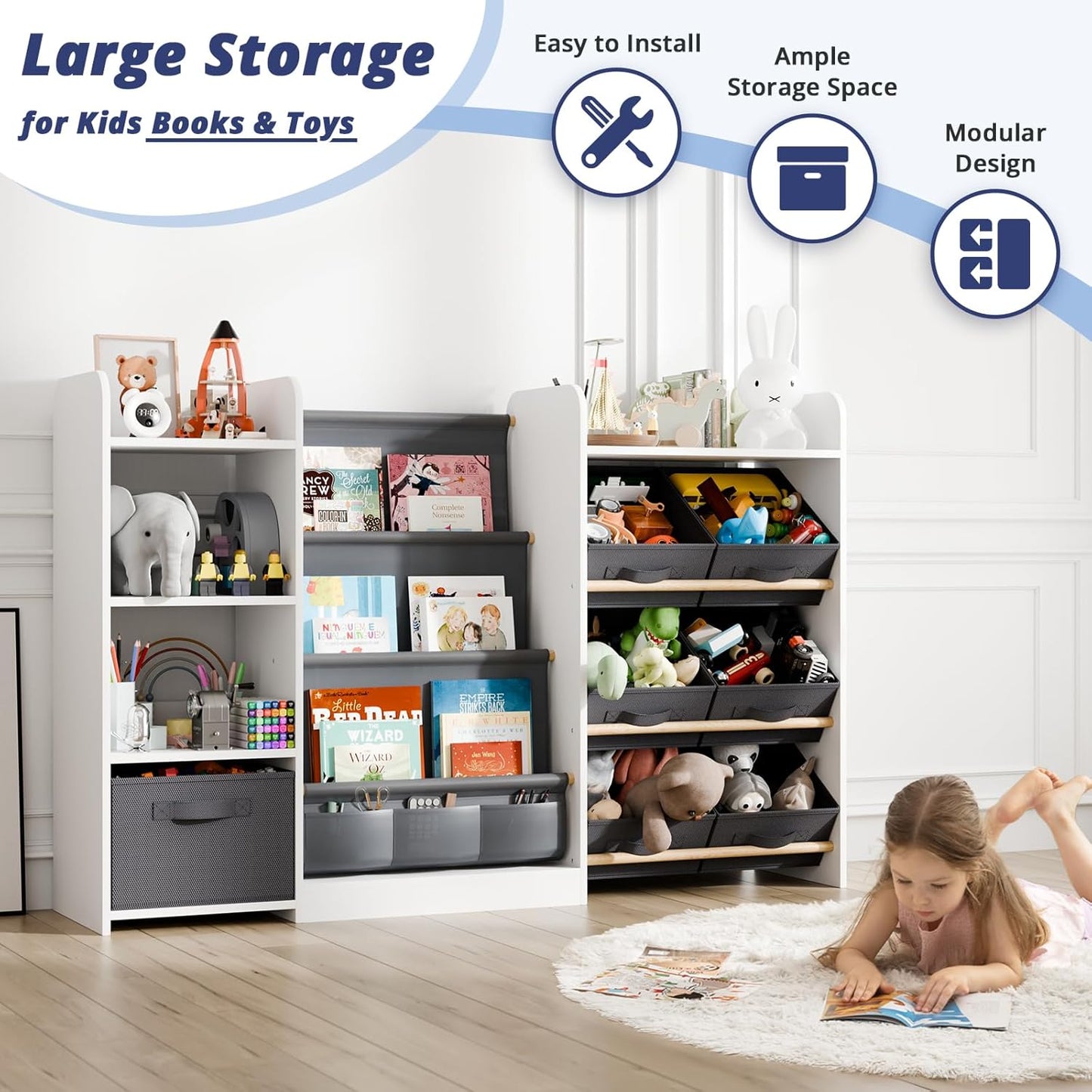 Kids Toy Book Storage Organizer - Large Bookshelf with 7 Removable Bins, Baby Bookshelf and Toy Storage, 4-Tier Book Shelf for Kids Room, Playroom, Classroom, 51 inch, White