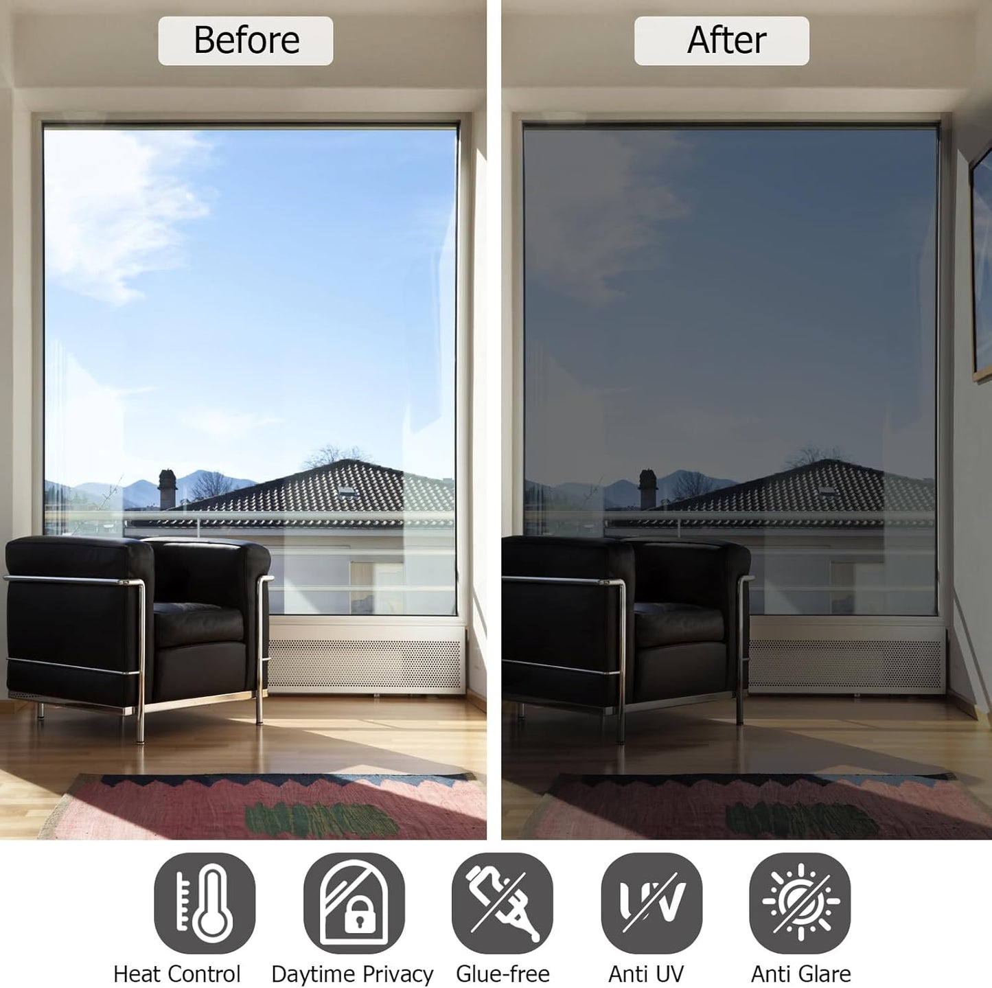 HIDBEA One Way Window Film, Daytime Privacy Sun Blocking Reflective Window Film No Glue Static Cling Heat Control Window Tinting Film for Home and Office, Black Silver, 17.5 x 78.7 Inch