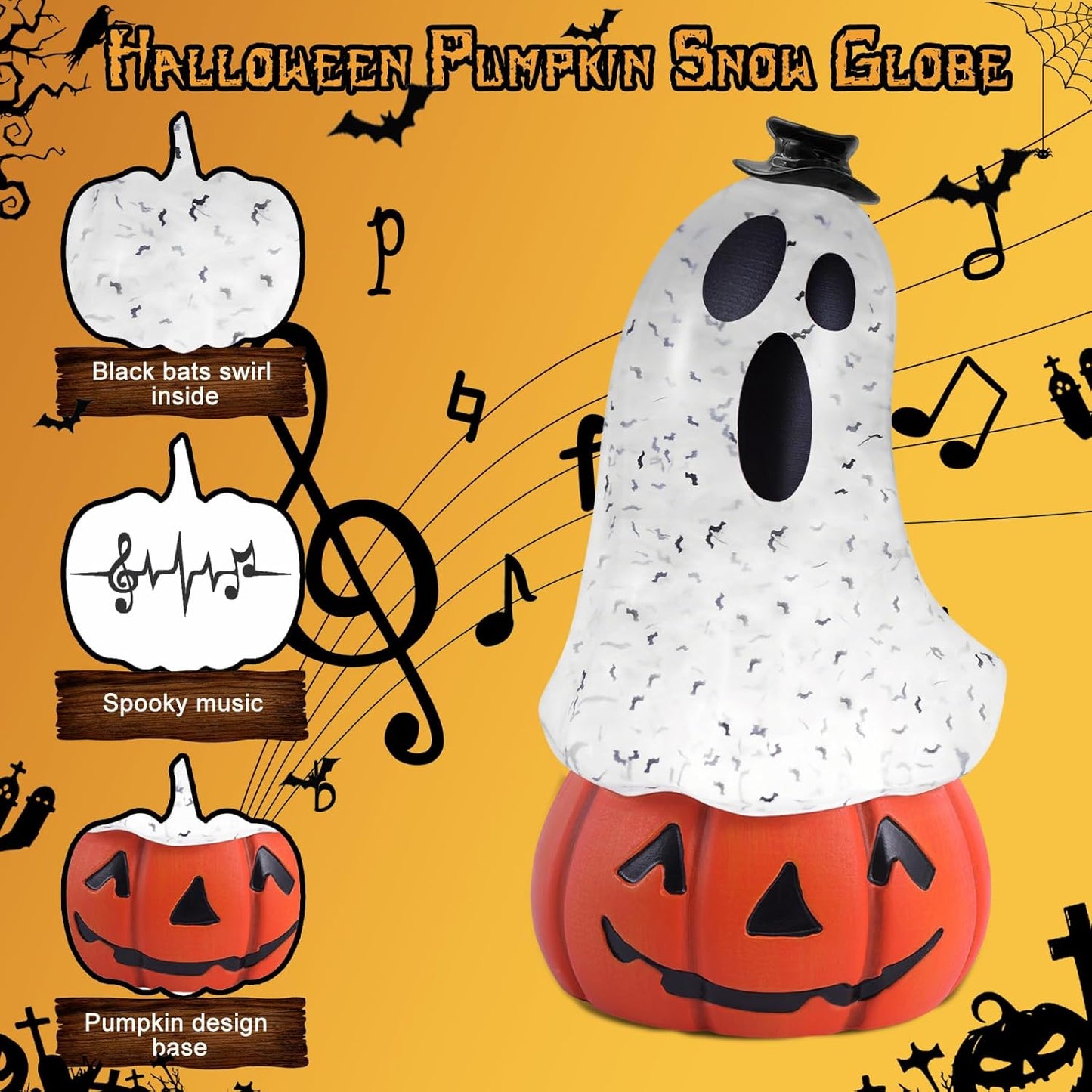 Halloween Snow Globe Lantern Spooky Glost and Pumpkin Halloween Snow Globes Musical Water Glitter Globe with 6H Timer Battery Operated or USB Powered for Spooky Home Decorations (Ghost and Pumpkin)