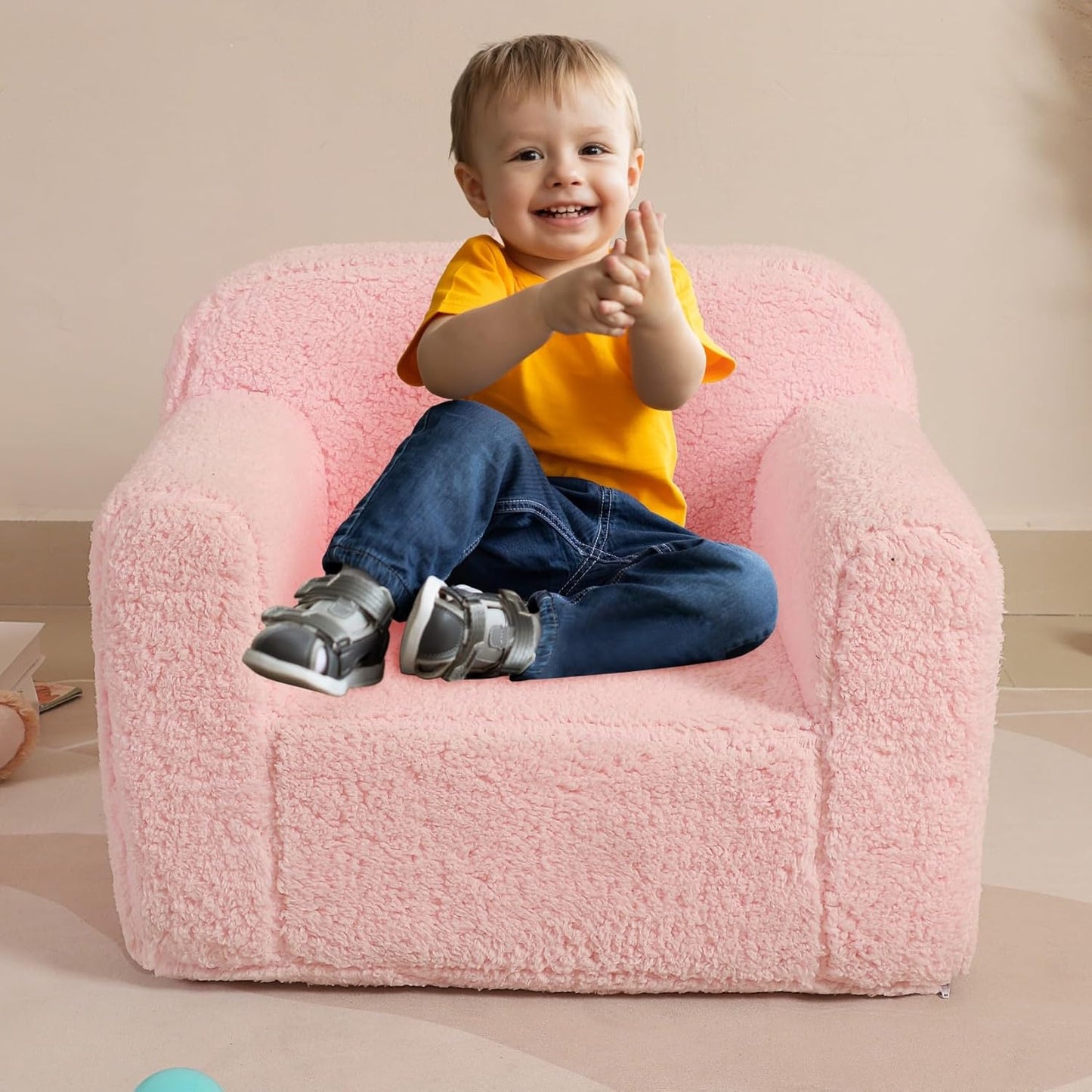 Kids Snuggly-Soft Sherpa Chair, Cuddly Toddler Foam Chair for Boys and Girls, Pink