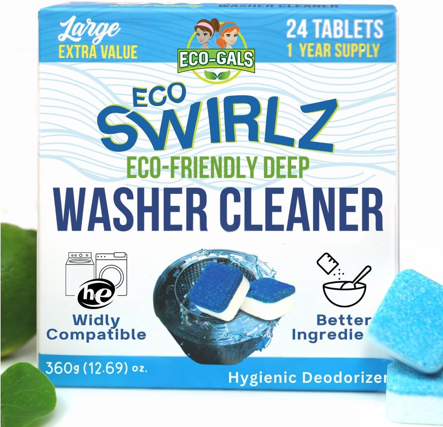 Washing Machine Cleaner and Deodorizing Tablets For Front & Top Load Washers Including H.E. to Remove Odor causing build-up, Pet Hair, & debris from drum, pipes, and filter.