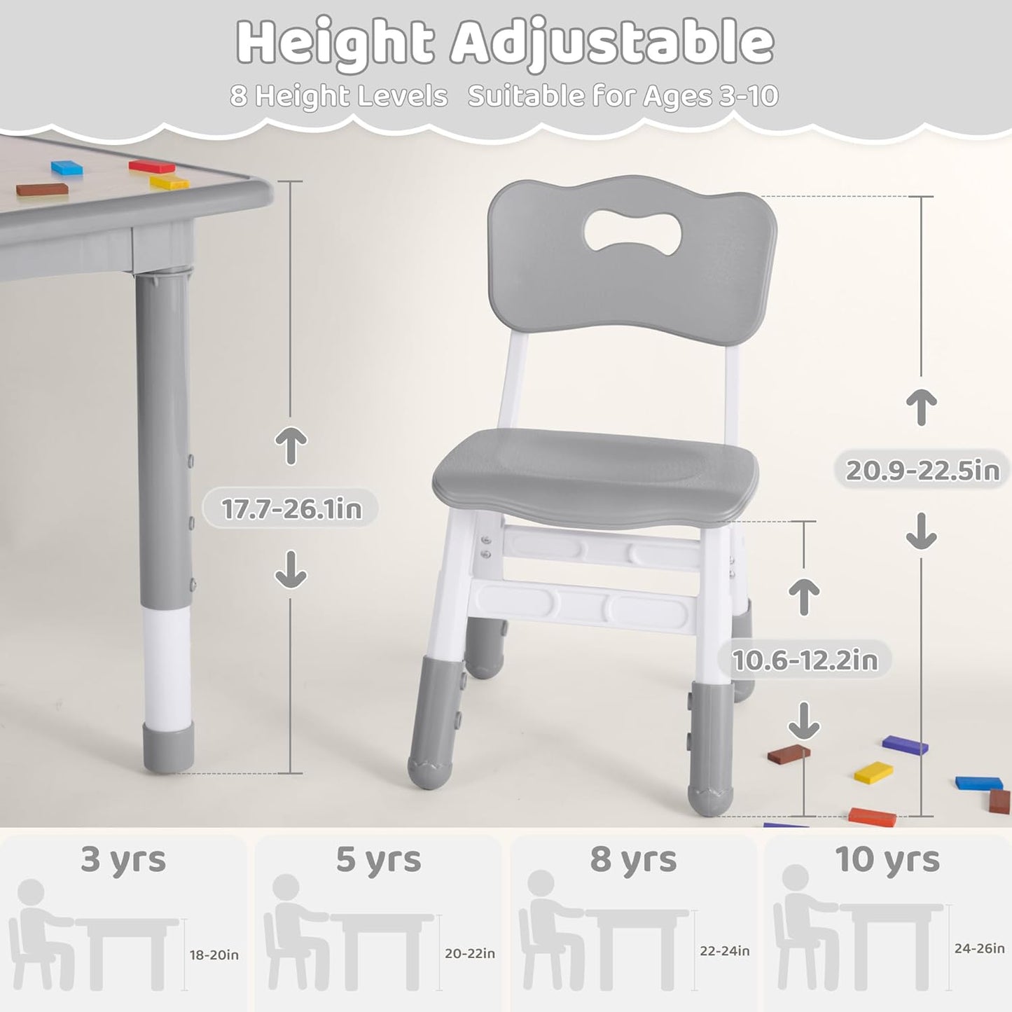 Kids Table and 2 Chairs Set, Height Adjustable (17.7"-26.1") Toddler Table and Chair Set, Multi-Activity Table with Graffiti Desktop, Children’s Table and Chairs for Classroom, Home & Daycare