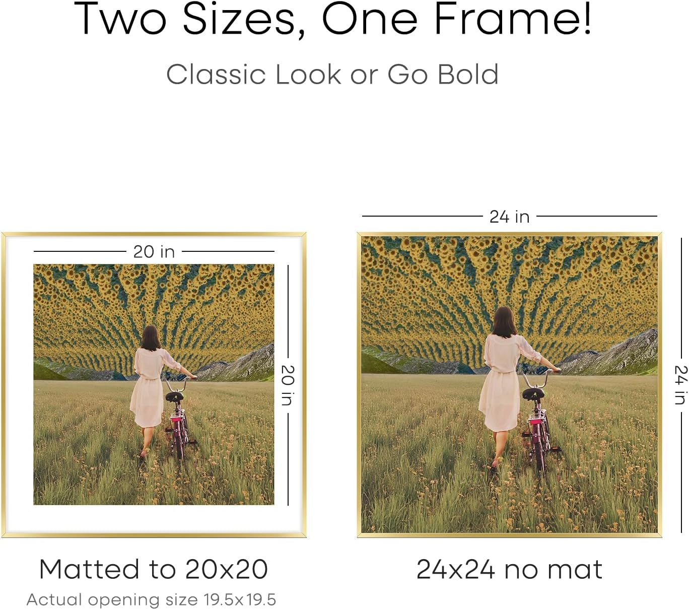 Homeforia 24x24 Gold Square Frame, High End Metal 24 x 24 Large Gold Poster Frames with Mat 20 by 20 for Photo, 24by24 Thin Picture Frame Matted to 20x20 inch Print, Tempered Glass, Wall Kit, Set of 1