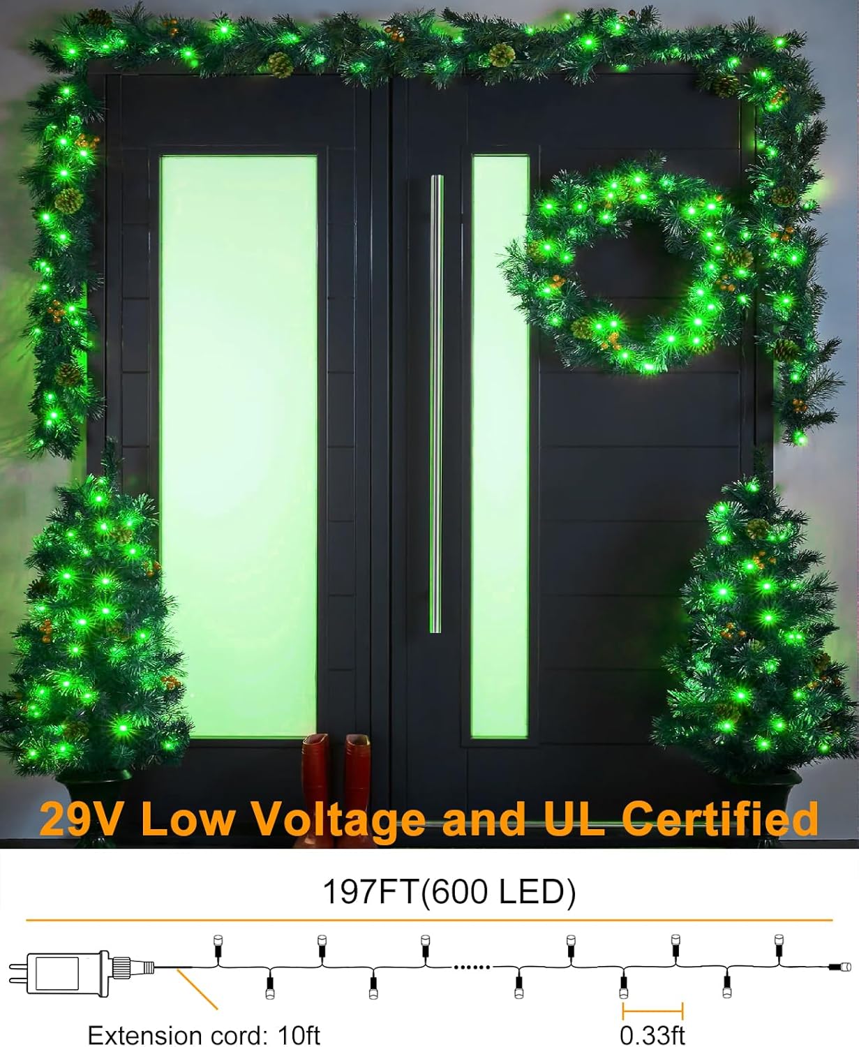 197FT 600 LED Christmas Lights Outdoor, Plug in Christmas Tree Lights 8 Modes, Waterproof Green Wire String Twinkle Lights for Indoor Bedroom House Patio Garden Party Holiday Decorations, Green