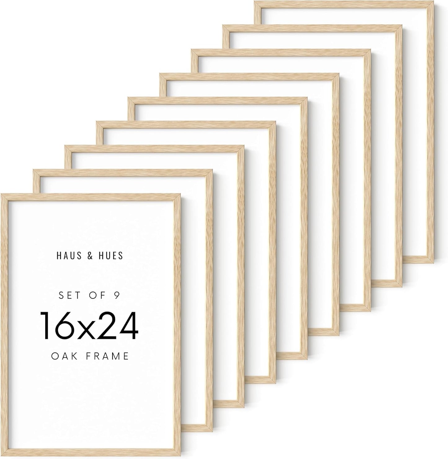 HAUS AND HUES Square Picture Frames 16 x 24 Set of 9 - Photo Gallery Wall Frame Set, Wood 16x24 Frames, 16 x 24 Frames Gallery Wall Set, 16x24 Frame with Mat, Square Frames 16x24 (Beige Oak Frames)