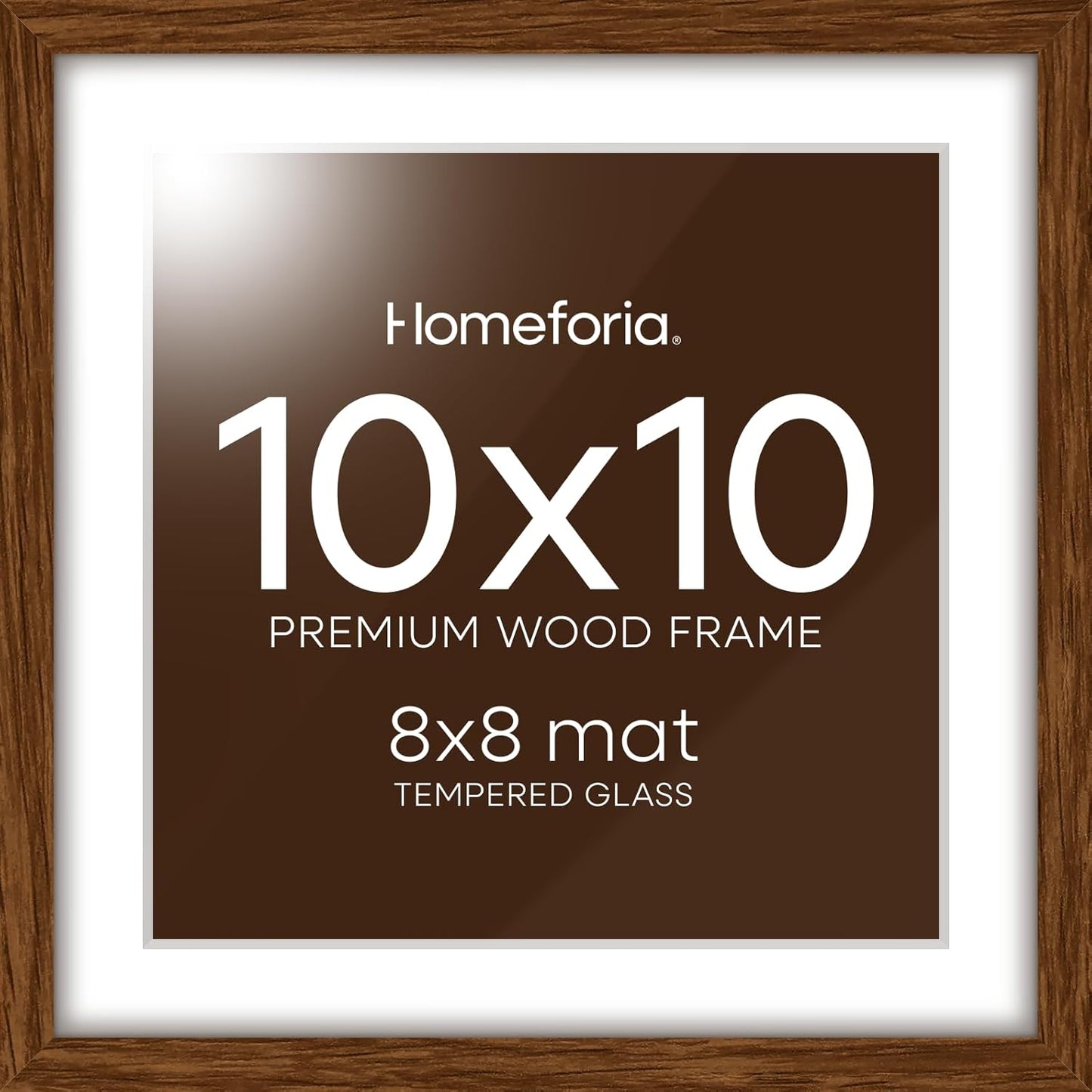 Homeforia 10x10 Picture Frame Brown, High-End Dark Oak 10 x 10 Square Brown Wood Frames with Mat 8 by 8 Photo, 10by10 Wooden Walnut Poster Frame Matted to 8x8 Print, Tempered Glass, Wall Kit, Set of 1