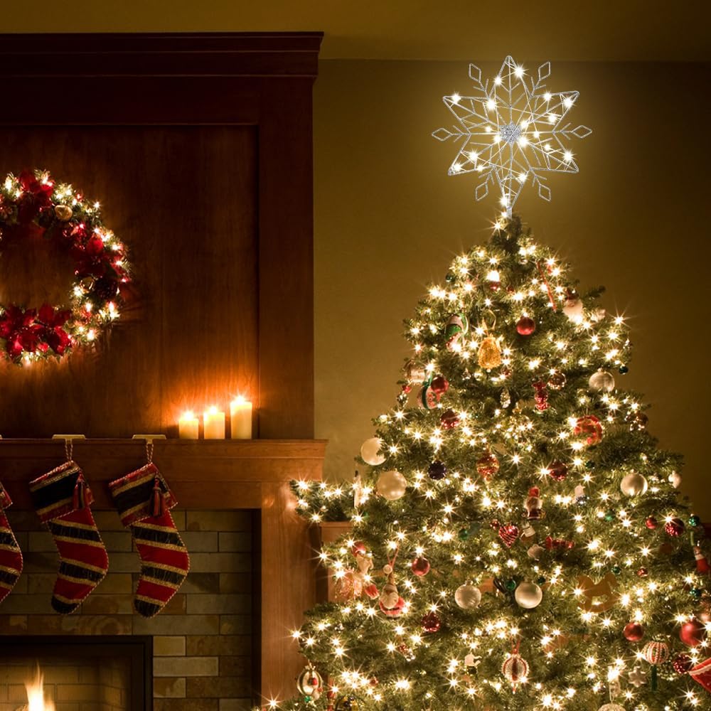 hogardeck Christmas Tree Topper, 10" Lighted Silver Snow Tree Topper, 20 LED Lights Silver Glitter Powder Snowflake Tree Toppers Christmas Decorations, Battery Powered Timer Xmas Treetop Star Decor