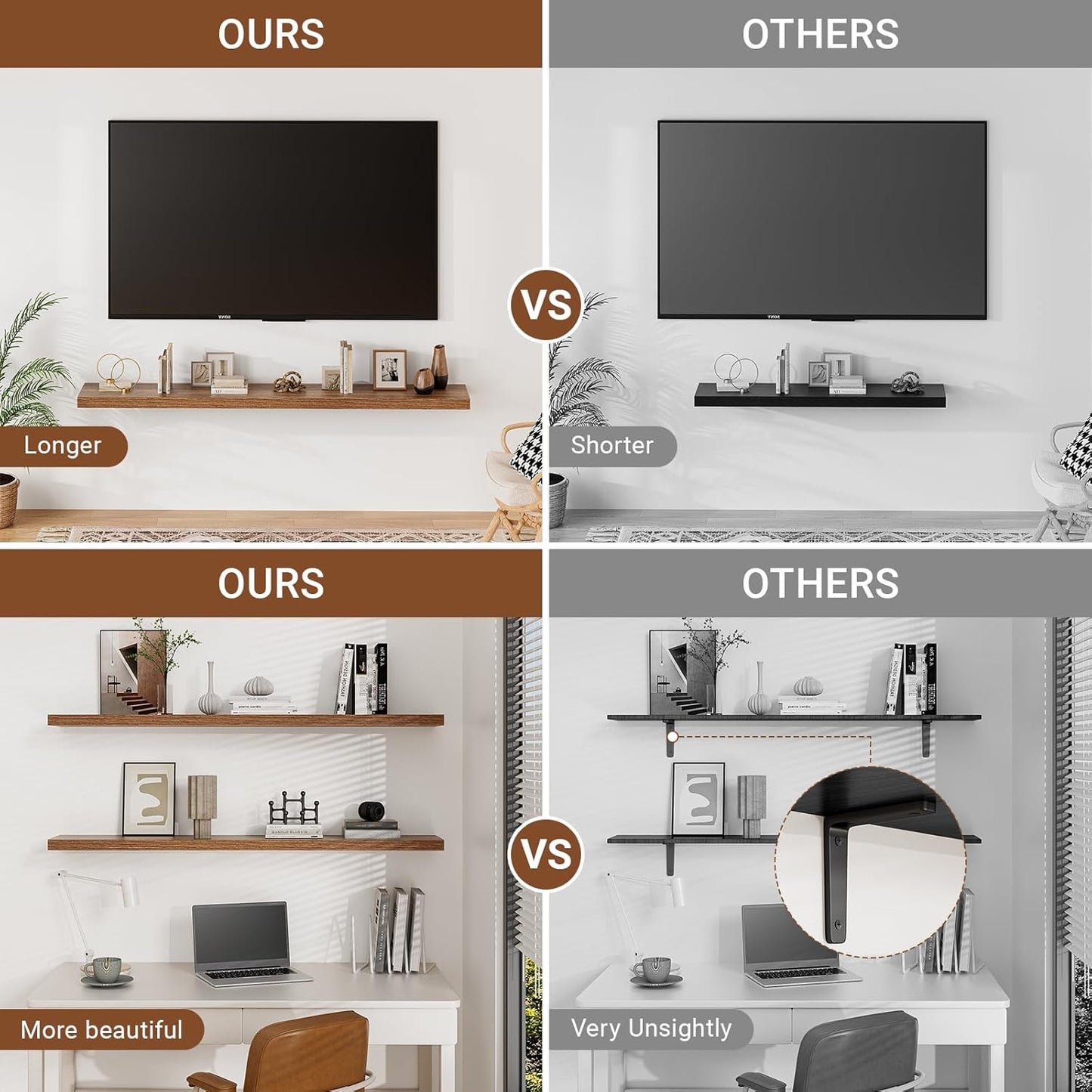 Heimlove 40 Inches Floating Shelves for Wall,9.3" Deep Walnut Long Floating Shelves Set of 2,Large Display Shelf & Storage Shelf,Wall Shelf for Bathroom Bedroom Living Room Kitchen Office