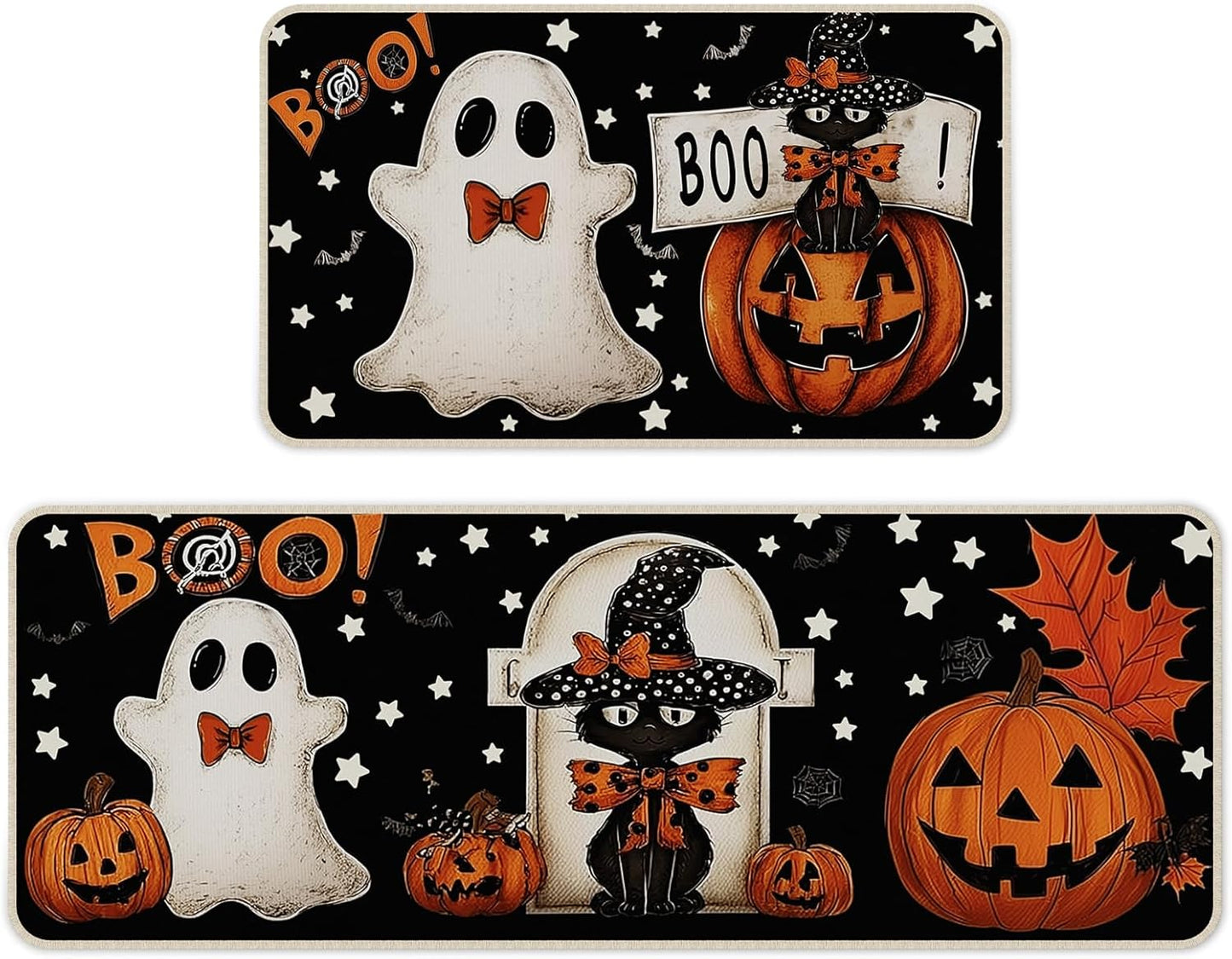 Halloween Kitchen Mat Set of 2, Pumpkin Ghosts Boo Cat Halloween Decor, Halloween Rug for Floor, Indoor Home Decor with Non-Slip Backing,17 x 29 Inch & 17 x 47 Inch