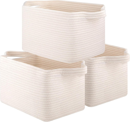 Storage Basket for Organizing, Woven Baskets for Storage, Rectangle Decorative Baskets for Shleves, Closet, Toys, Books, Nursery Organizer Bins - Pack of 3 (White)