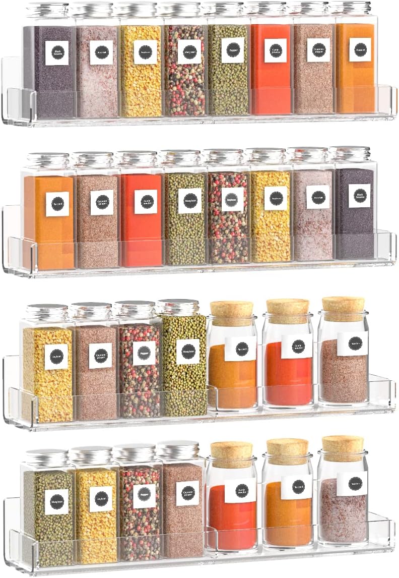 Acrylic Wall Spice Rack Organizer, Seasoning Rack Shelf Organizer, Clear Wall Mounted Spice Rack Condiment Organizer with Additional Removable Middle Divider, 4 Pack…