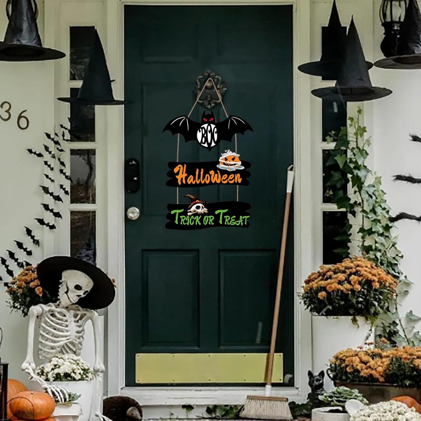 Halloween Door Hanging Sign Decoration 3 Pieces Wooden Plaques Wall Art with Bat Pumpkin Skull Pattern Trick or Treat Wooden Plaques for Yard Front Door Home Outdoor Hanger