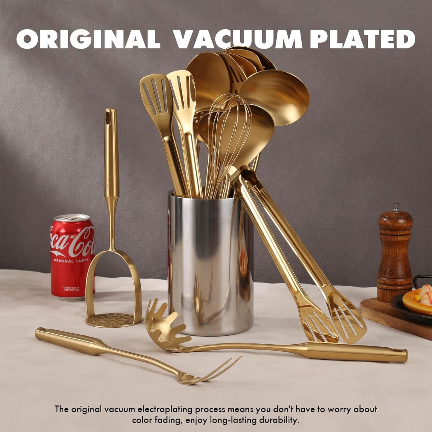 Gold Cooking Utensils Set - 18/10 Stainless Steel Large and Small Spoons Set, 16 PCS All Metal Kitchen Tools, Serving Utensils - Whisk, Masher, Fork, Tongs, Spatula, Ladle, Skimmer, Turner, Pasta