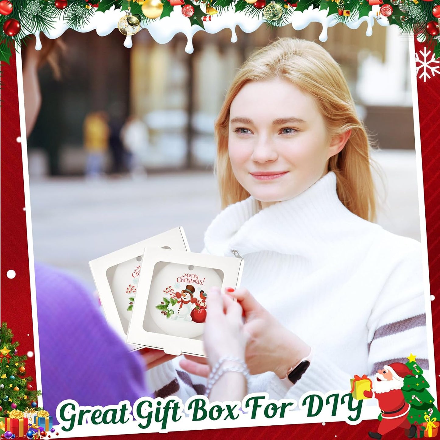 25 Pcs Sublimation Ornament Blanks Box 3.6"x3.6"x0.7" Christmas Ornaments Holder Ceramic Discs Packaging Box with Window for Personalized Xmas Tree Blanks Bulk (White)