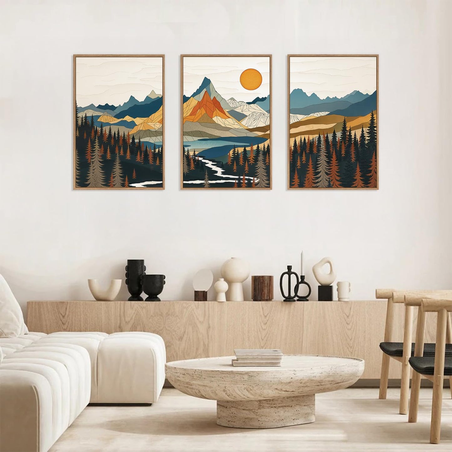 HLNIUC Large Sunset Mountain Framed Wall Art,Boho Forest Pine Tree Canvas Wall Decor Set of 3(16”X24”) Blue and Orange Landscape Art Print,Colorful Mountain Lake Wall Painting for Living Room,Bedroom