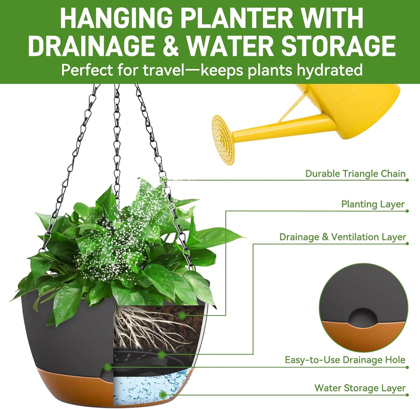 10 Inch Hanging Planters for Indoor & Outdoor Use (2 Pack) - Self-Watering & Drainage Flower Pots with Chain & Macrame Hangers (Deep Gray, 10 in)