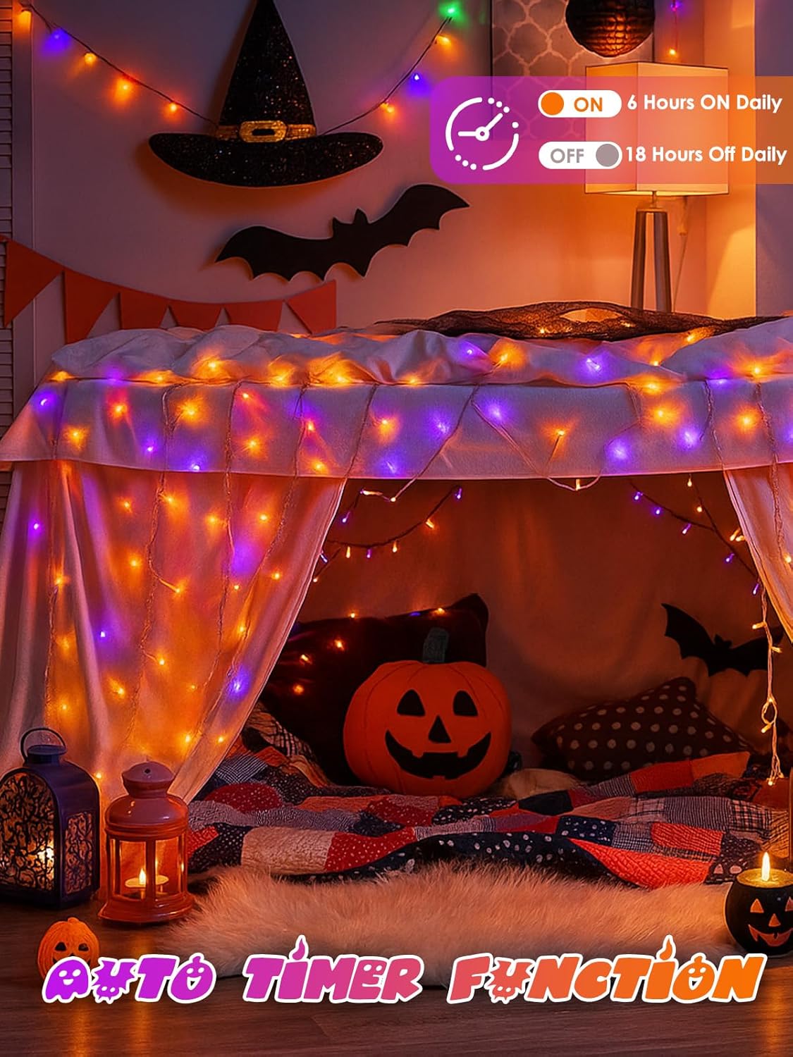 2 Pack Halloween String Lights Battery Operated with Timer, 66FT 200 LED Waterproof Orange and Purple Lights, Twinkle Fairy Light with 8 Modes for Indoor & Outdoor Party Bedroom Halloween Decorations