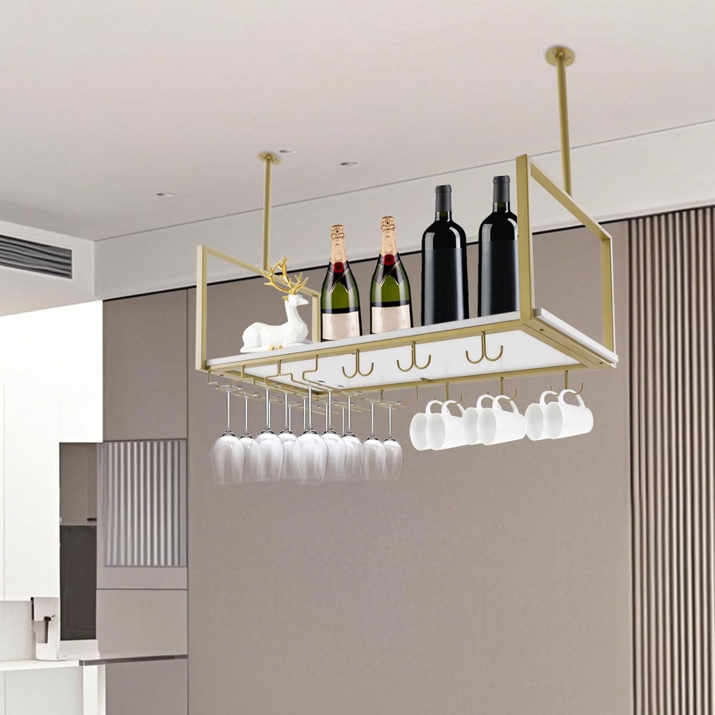 Hanging Wine Rack with Glass Holder Shelf Metal Ceiling Bar Wine Glass Rack Industrial Wall Mounted Floating Shelve Perfect for Bar Cafe Kitchen Restaurant