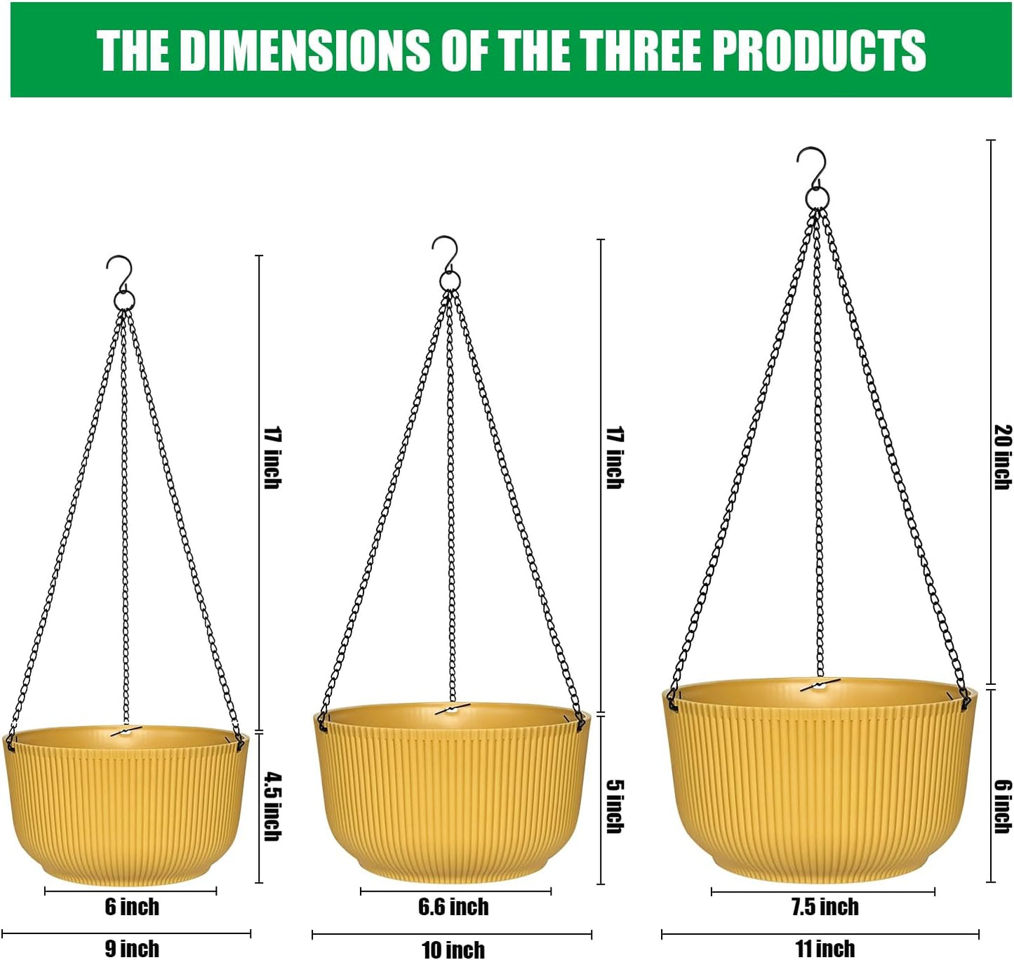 Hanging Planters 9/10/11 Inch for Indoor Plants, 3 Pack Plant Hanger Outdoor with Drainage Holes, Self Watering Hanging Basket Flower Pot for Garden Home Decor, Yellow