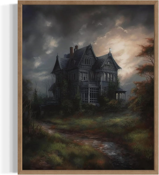 Haunted House Poster Art Print, Halloween Scary Vintage Wall Art Academia Spooky Painting Decoration for Horror Prints, Gothic Posters Bedroom Decor 89 (Haunted House, 11 x 14 inches, Wood Frame)