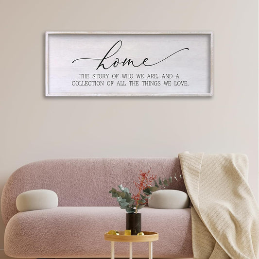 Home The Story of Who We Are Sign Farmhouse Family Wall Decor 32x12 Inch Plaque Wood Framed Art for Hanging (White)