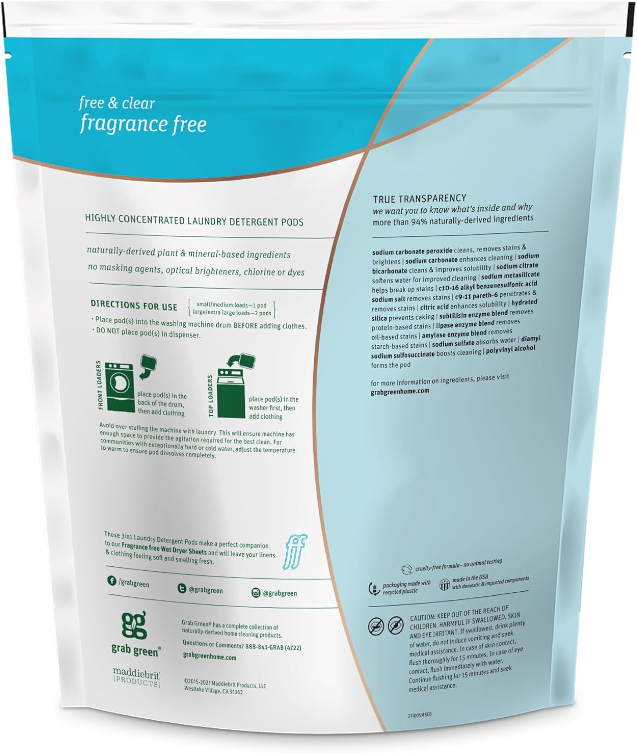 Grab Green 3-in-1 Laundry Detergent Pods, 60 Count, Fragrance Free, Plant and Mineral Based, Superior Cleaning Power, Stain Remover, Brightens Clothes