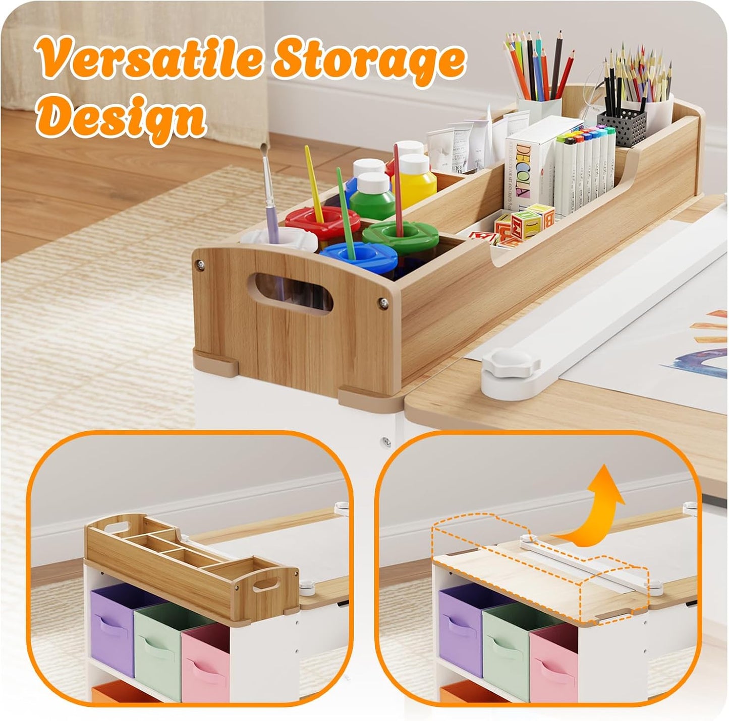 Kids Art Table and Chair - Toddler Craft Table and Chairs Set with 2 Chair & Bins, Kids Activity Desk with Paper Roll for Playrooms & Classroom, 44" L x 24" W, Natural