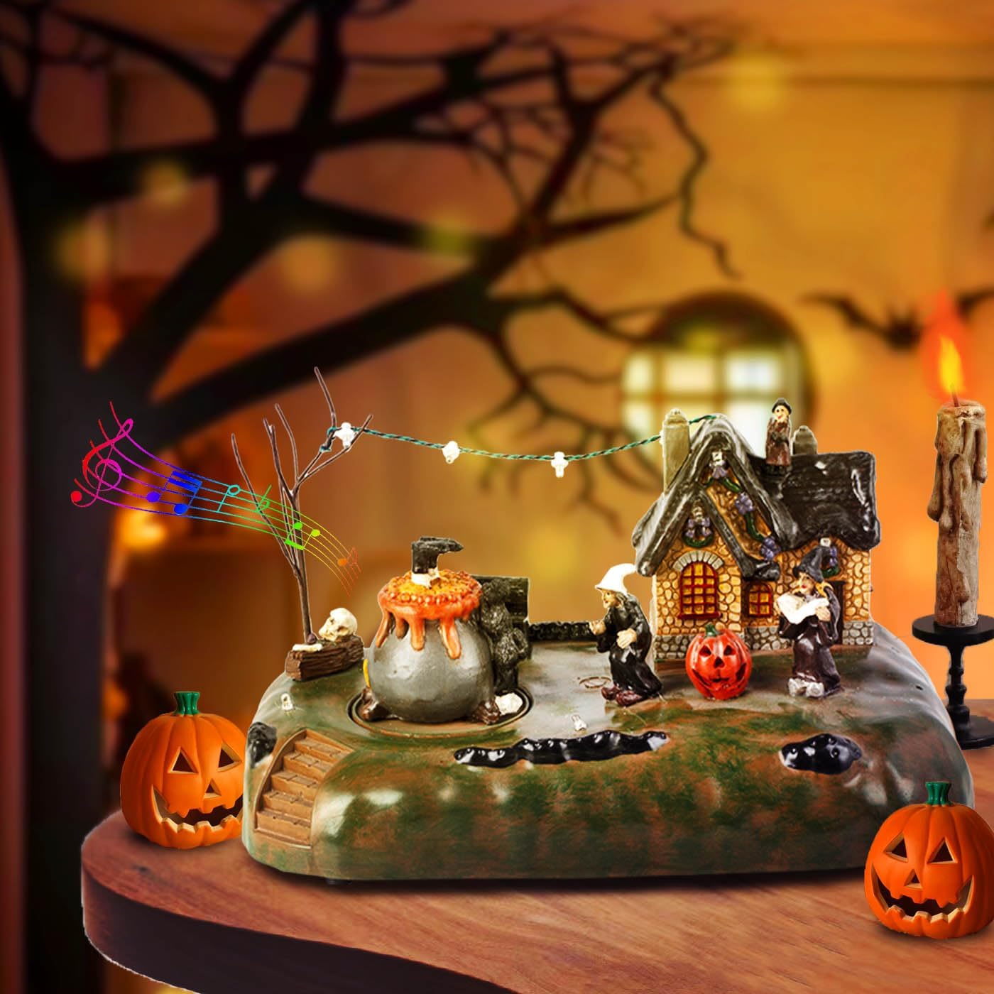 Halloween Village Witch Cauldron Bubble Figurine with Lit House Spooky Town Indoor Decoration Accessories for Holiday Display, Battery Operated