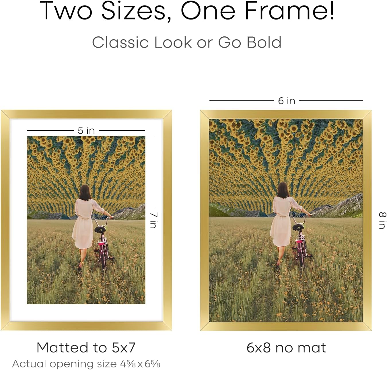 Homeforia 6x8 Picture Frame Gold, High End Metal 6 x 8 Frames with Mat 5 by 7 for Print, Photo Frame 6x8 Gold Matted to 5x7 inches Art, 6by8 Wall or Tabletop Frames, Tempered Glass, Wall Kit, Set of 1