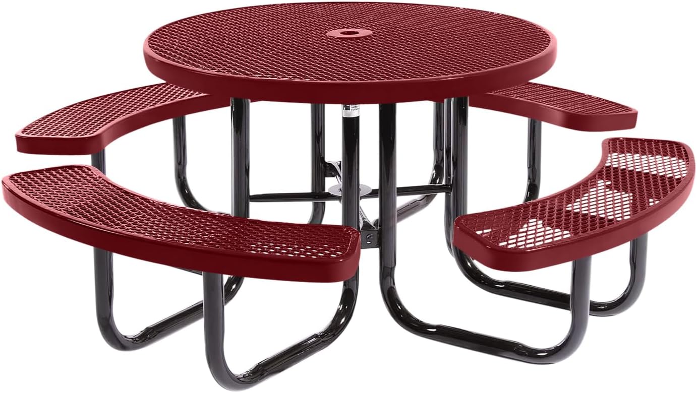 Heavy-Duty Portable Outdoor Picnic Table with Umbrella Hole, Expanded Metal Commercial-Grade Patio Dining Furniture Made in America (46" Round Top, Burgundy)