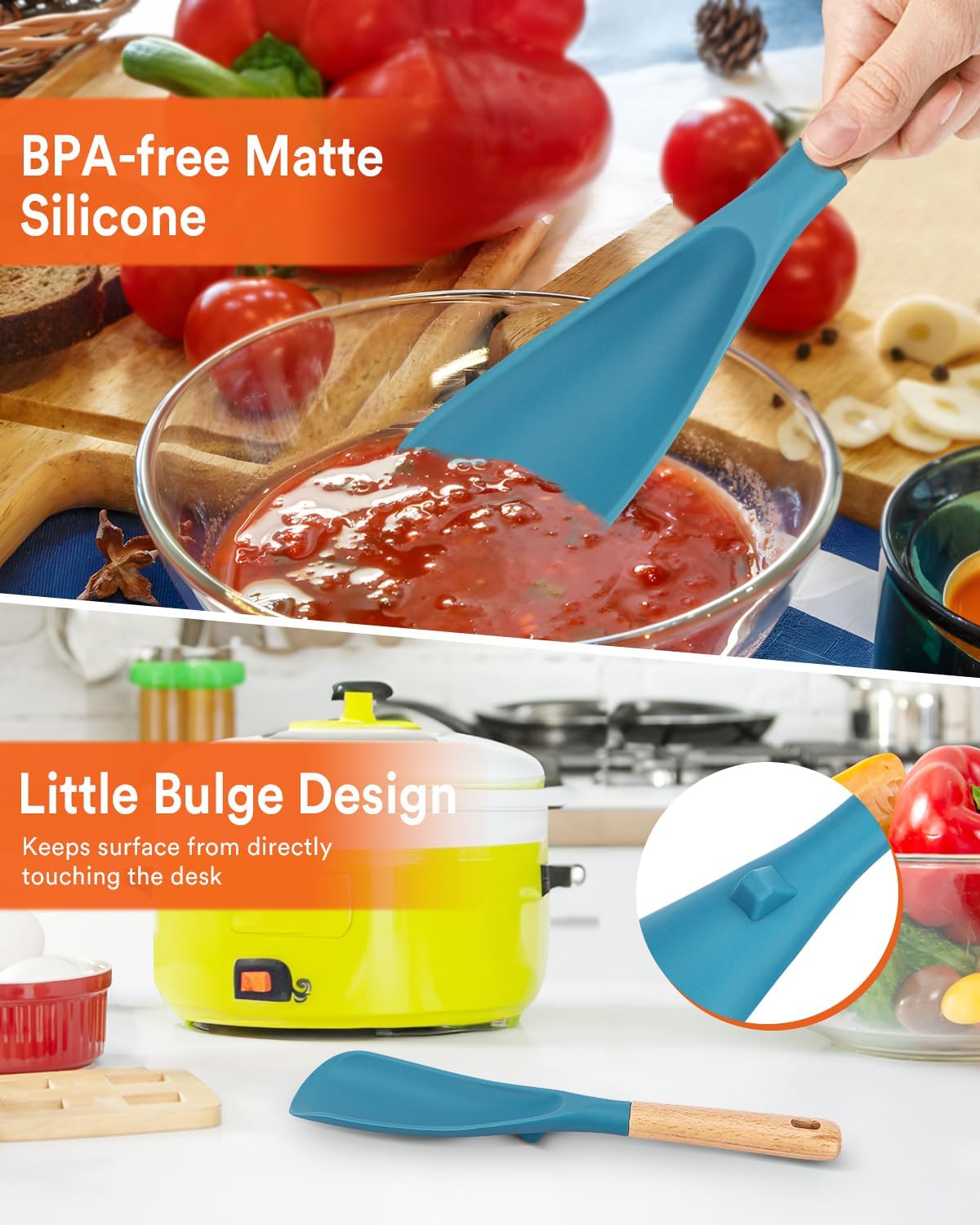 Cooking Spoon and Scraper for Nonstick Cookwares, Great for Cooking and Serving Durable BPA-Free Matte Silicone, Wood Handle Multifunction Spoon for Mixing, Scoop, and Scrape (BLUE)