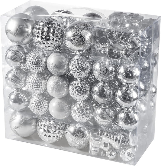 116Pcs Silver Christmas Ball Ornaments Set, Shatterproof Christmas Hanging Decoration Set with Gift Box, Assorted Decorative Baubles Set for Xmas Tree/Home/Wedding/Party/Holiday (Silver)