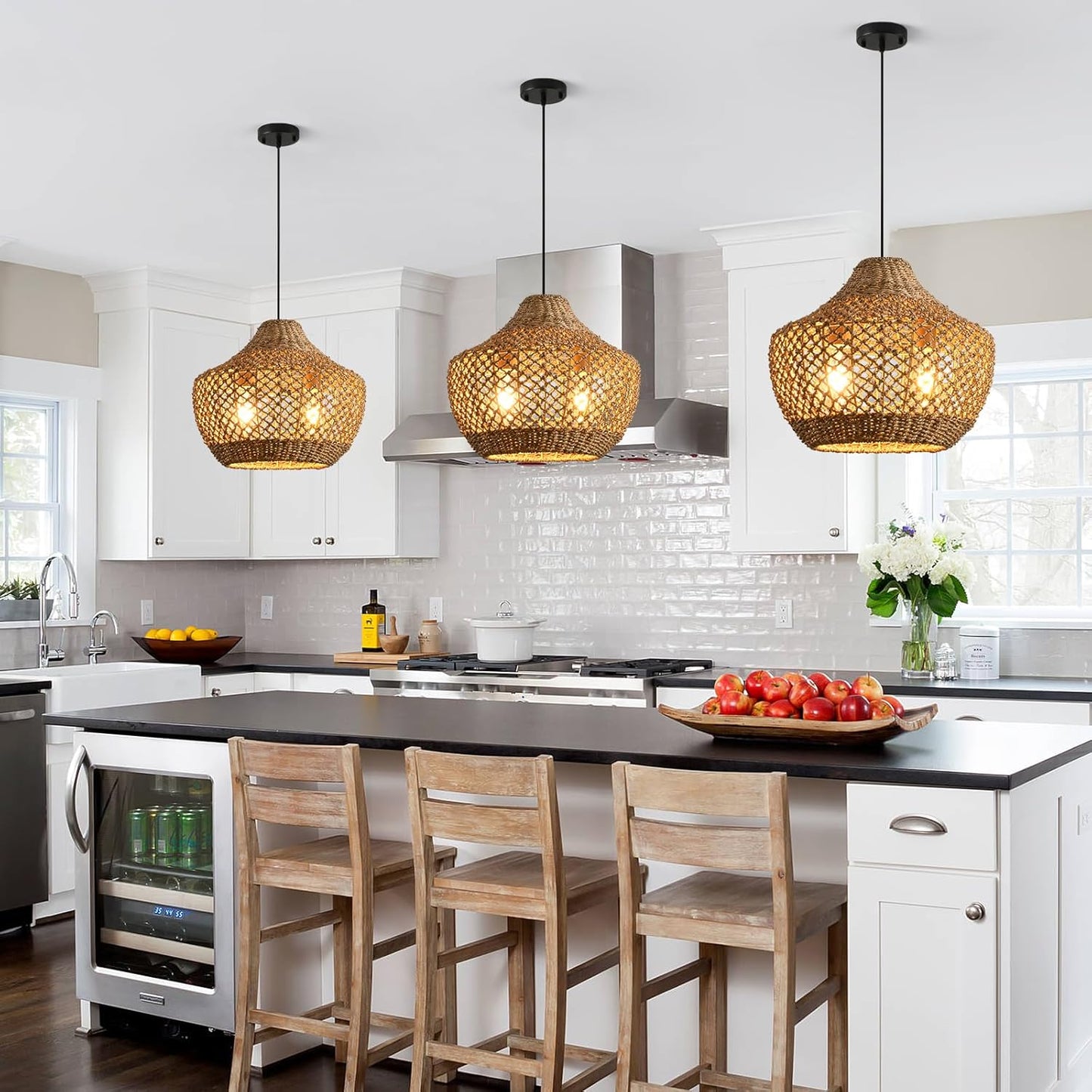 14.96” Rattan Chandelier,2- Light Boho Wicker Pendant Lights, Handmade Woven Suspension Farmhouse Ceiling Fixture for Kitchen Island Bedroom Living Room