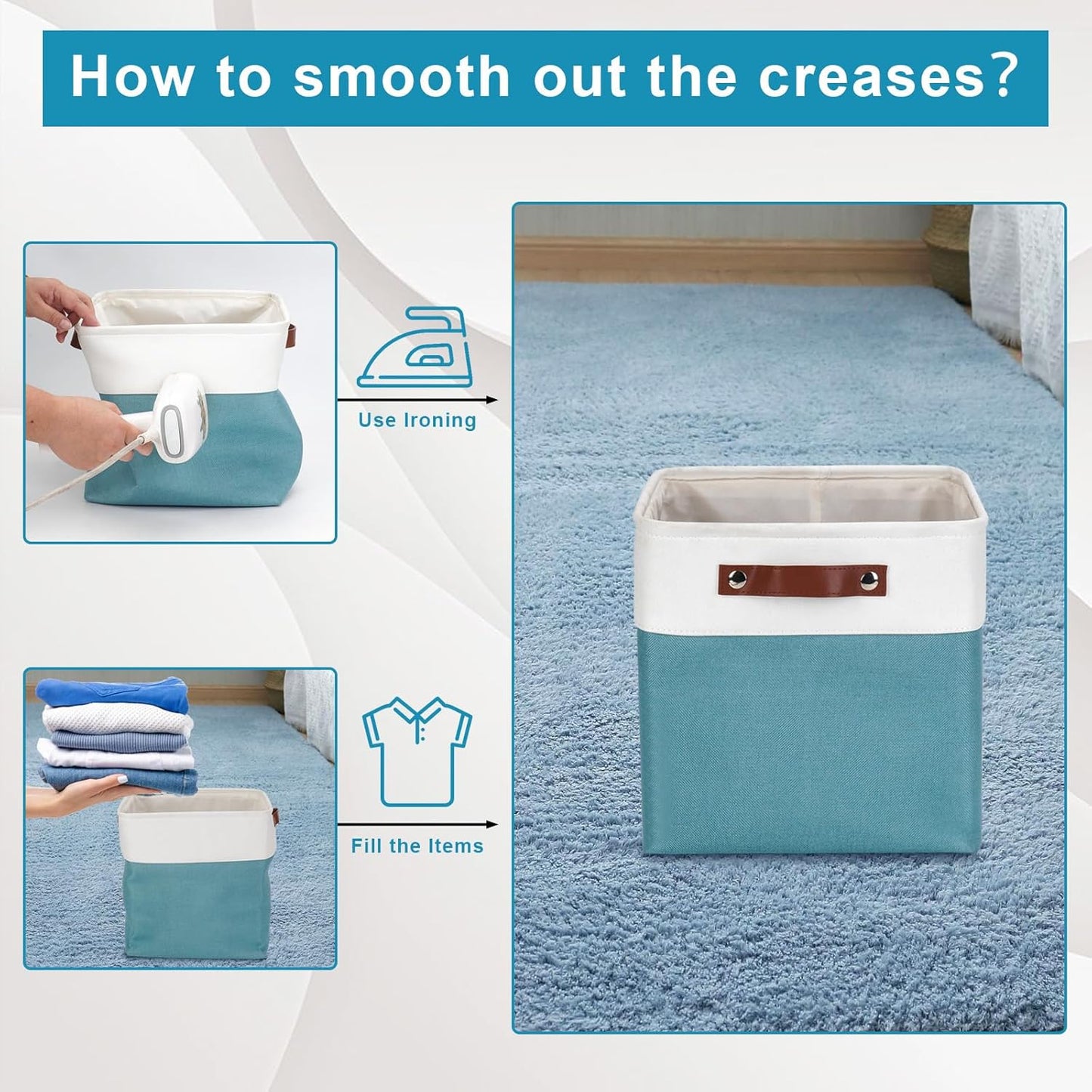 Collapsible Fabric Storage Cubes 11x11 Cube Storage Bins, 4 Pack Closet Baskets Box with Handles for Organizing, Shelf, Toys, Clothes, Home, Office, Nursery (Teal&White)