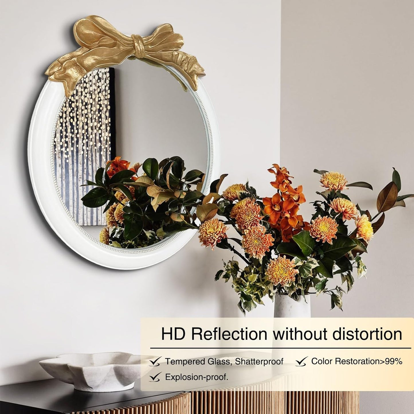 26x26 inch Bow Antique Mirrors for Wall, Round White and Gold Decorative Wall Mounted Mirror, Circle Antique Mirrors Suitable for Bedroom, Hallway, Living Room Decoration, Bathroom Sink