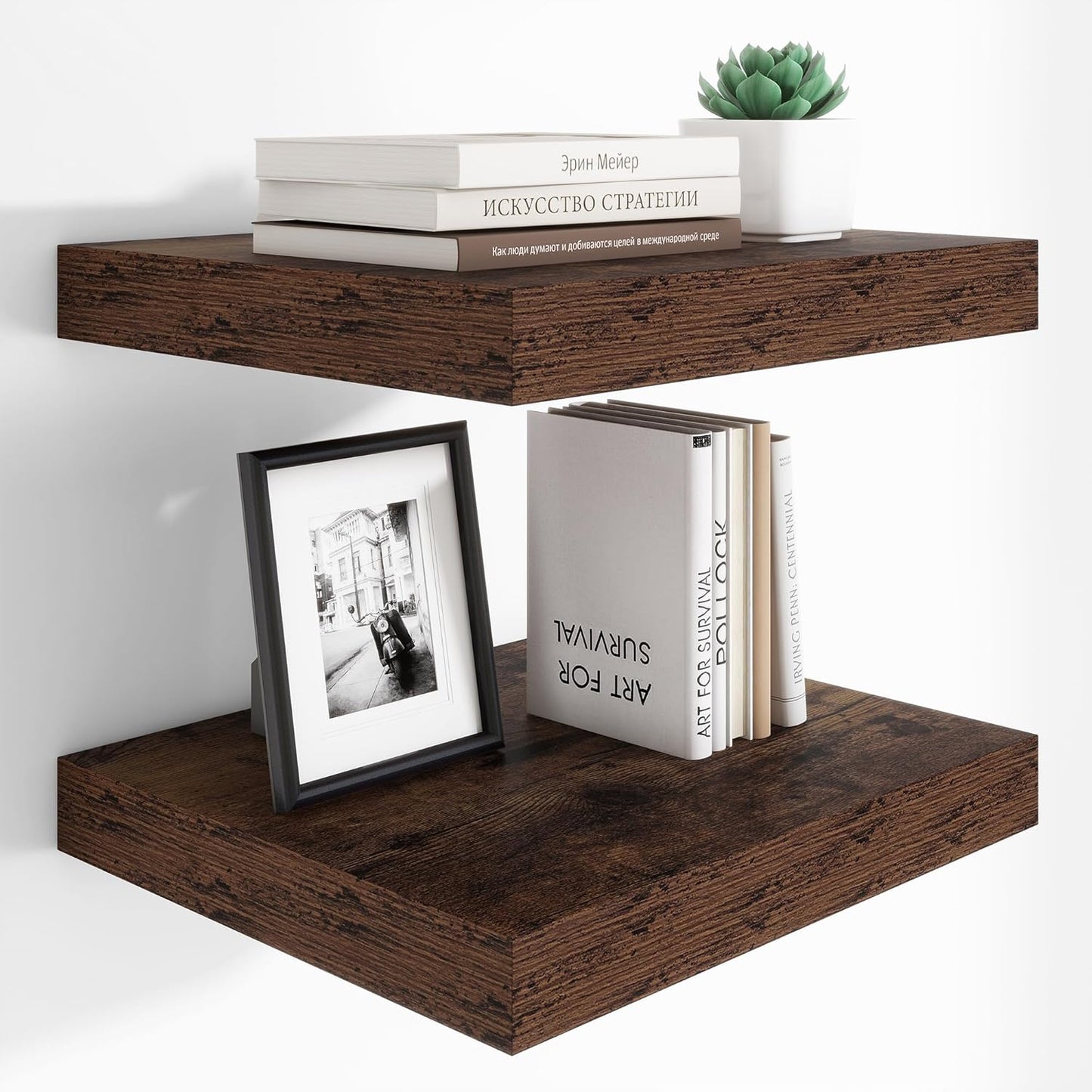 Heimlove 12 Inch Deep Floating Shelves, 16 x 12 inches Long Wall Shelf, Large Extra Display Shelf & Storage Shelf, Rustic Wood Wall Shelves for Fireplace Mantel, Brown - 2Pack