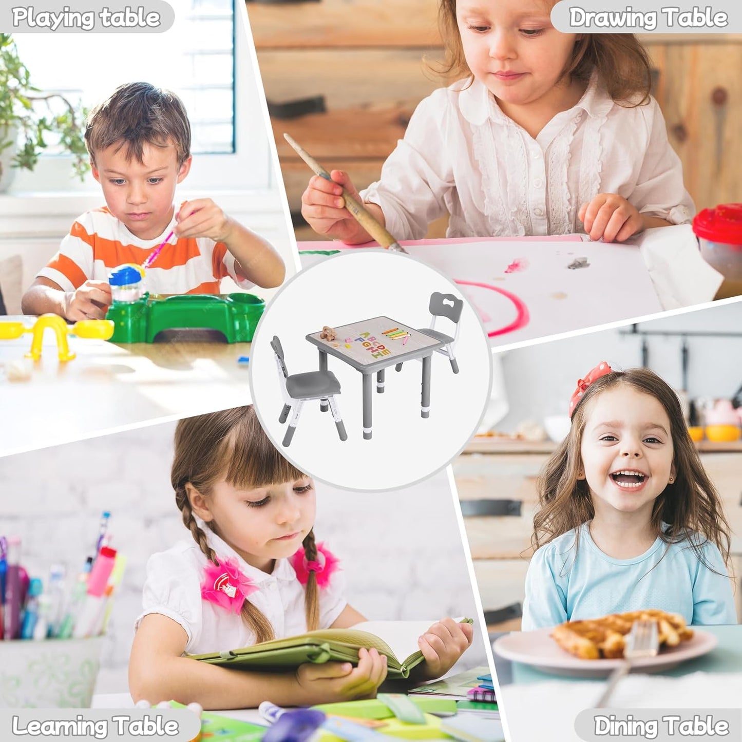 Toddler Table and Chair Set, Height Adjustable-Upgrade Kids Table and 2 Chairs for Ages 3-8, Multi-Activity Toddler Play Table with Graffiti Desktop for Home/Daycare/Classroom