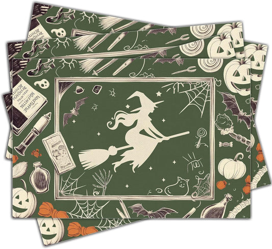 Halloween Bat Placemats Set of 4, 12x18 Inch Pumpkin Witch Table Mats, Washable Heat Resistant Place Mats for Kitchen Dining Table, Halloween Spooky Themed Decoration for Home-B10