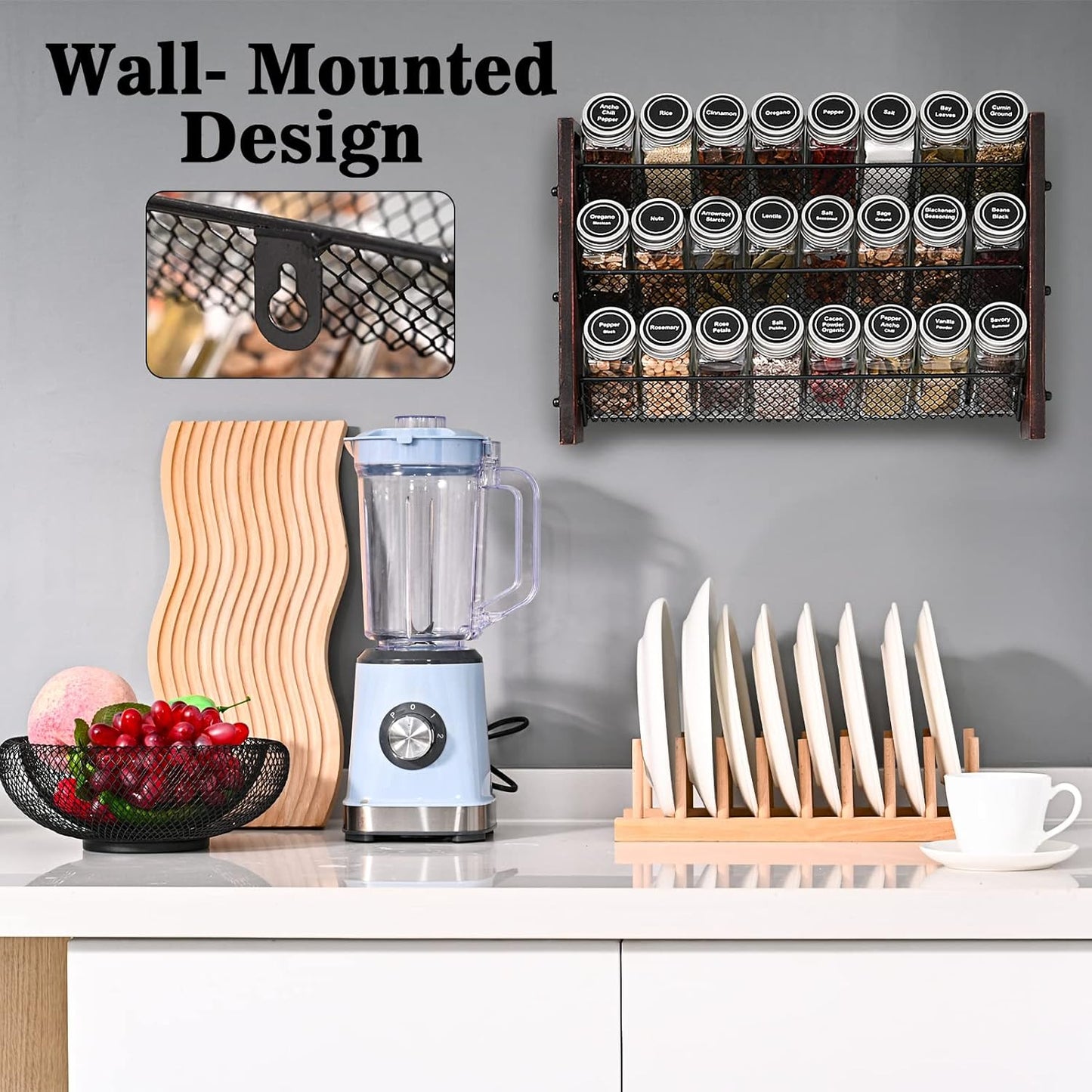 Spice Rack, Spice Rack Organizer without Seasoning Jars, Wooden Rustic 3 Tier Kitchen Spice Organizer Shelf for Cabinet, Countertop or Wall Mount