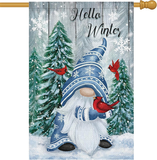 Heyfibro Hello Winter Gnome Garden Flag 28x40 Double Sided Burlap Cardinals Snowflakes Snow Yard Banner for Christmas Seasonal Outside Outdoor House Decoration (ONLY FLAG)