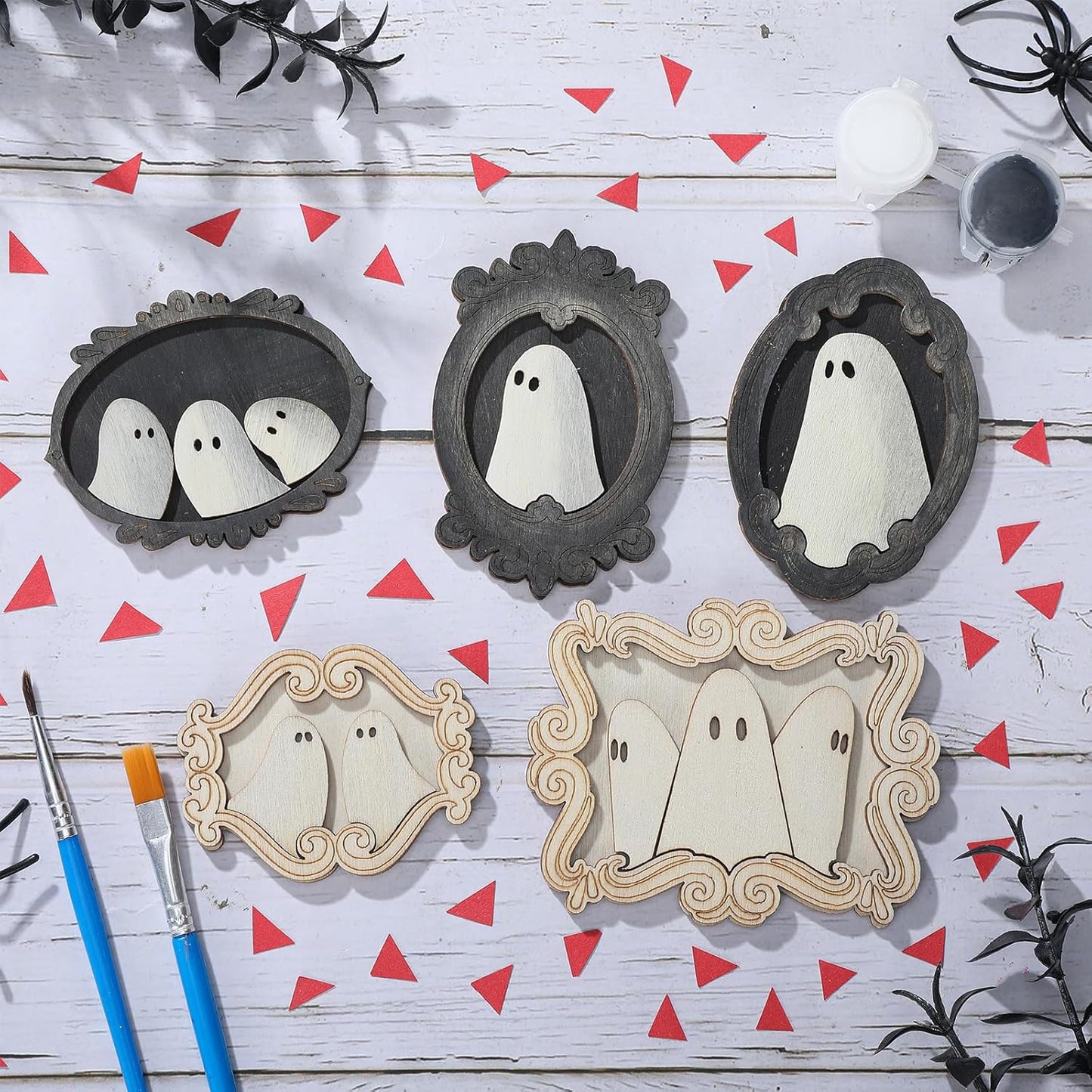 12 Set Wood Ghost DIY Frames Decorating Craft with Paint and Brush Unfinished Wooden Gift Ornaments Cute Ghost for Halloween Craft Art Party Supplies, Not Include Glue (Cute Style)